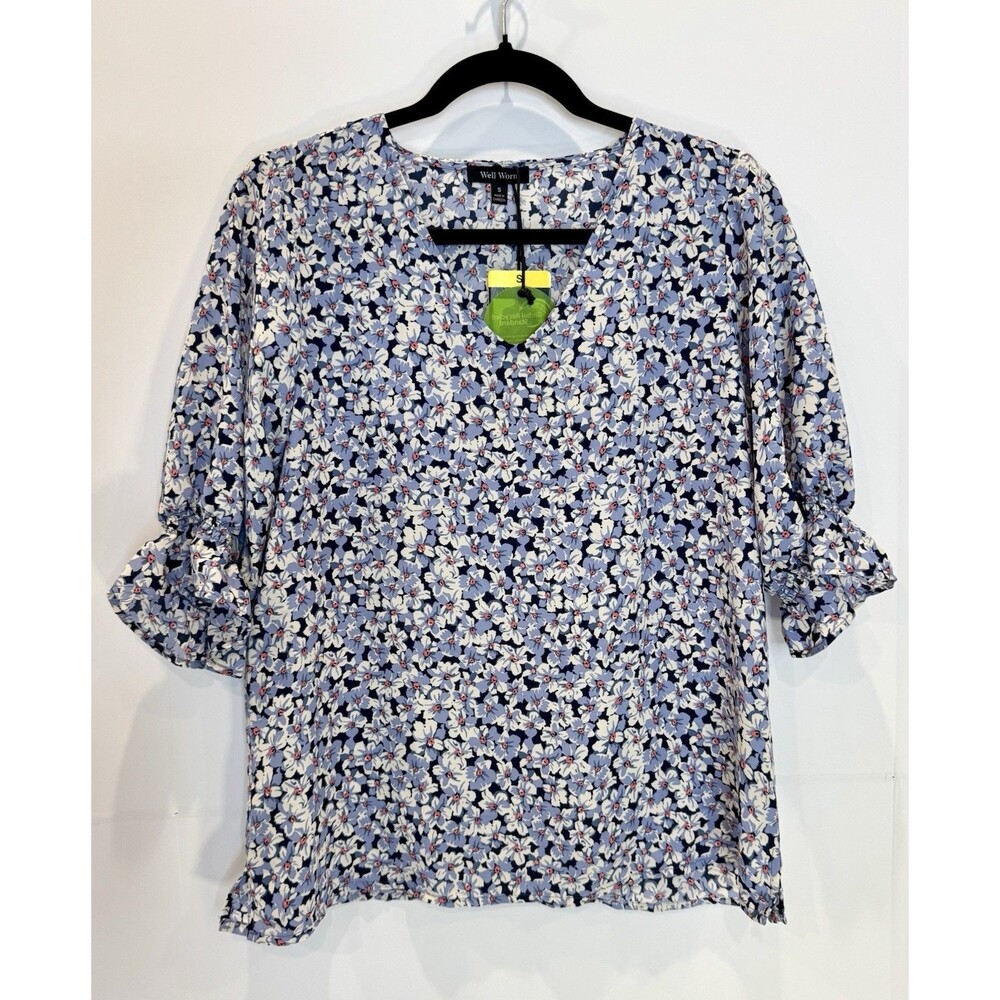 Well Worn Floral Blouse Womens S Blue V Neck Ruffle 3/4 Sleeve Top NWT